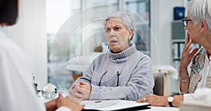 Healthcare, cancer or bad news with a senior woman and friend talking to a doctor in the hospital. Medical, support and