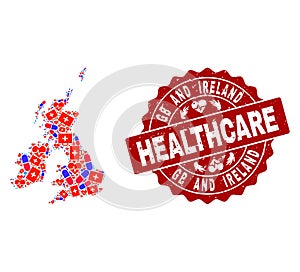 Healthcare Collage of Mosaic Map of Great Britain and Ireland and Scratched Seal Stamp