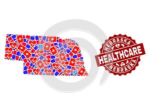 Healthcare Collage of Mosaic Map of Nebraska State and Textured Seal