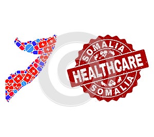 Healthcare Collage of Mosaic Map of Somalia and Grunge Seal Stamp