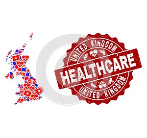 Healthcare Collage of Mosaic Map of United Kingdom and Distress Stamp