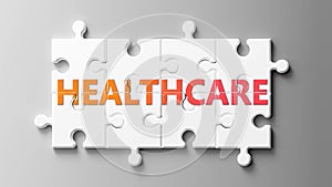 Healthcare complex like a puzzle - pictured as word Healthcare on a puzzle pieces to show that Healthcare can be difficult and