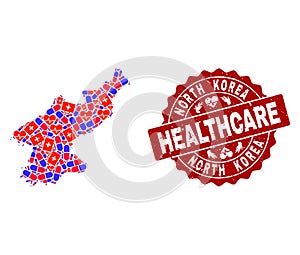 Healthcare Composition of Mosaic Map of North Korea and Scratched Seal Stamp