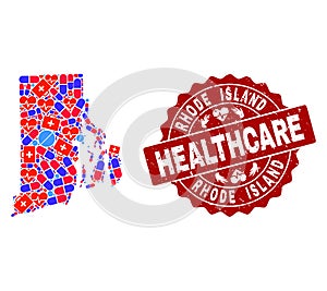 Healthcare Composition of Mosaic Map of Rhode Island State and Scratched Seal Stamp