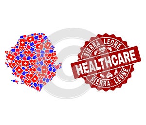 Healthcare Composition of Mosaic Map of Sierra Leone and Grunge Seal