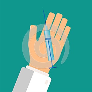 Healthcare concept. Doctor hand holding syringe. Take injection.