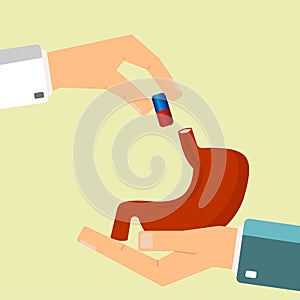 Healthcare concept. Doctor`s hand give medical pill for treatment human stomach. Vector illustration