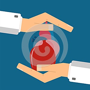 Healthcare concept. Doctor`s hands protect human heart. Vector i