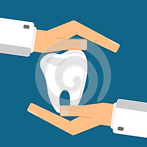 Healthcare concept. Doctor`s hands protect teeth Vector illustration