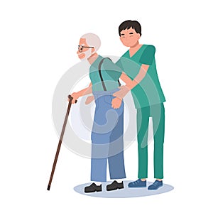 Healthcare Concept. Elderly Grandfather Walking Assistance by Happy Male Nurse in Uniform. Flat vector cartoon illustration