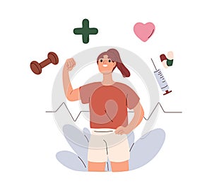 Healthcare concept. Happy healthy woman caring about heart wellness with sport, pharmacy, vitamins, vaccination, medical