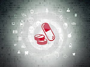 Healthcare concept: Pills on Digital Data Paper background