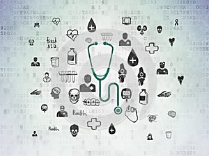 Healthcare concept: Stethoscope on Digital Data Paper background