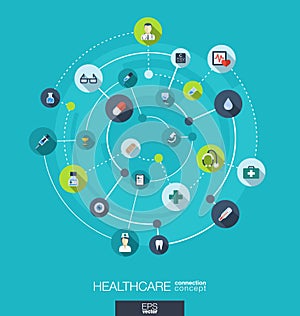 Healthcare connection concept. Abstract background with integrated circles and icons for medical, health, care, medicine