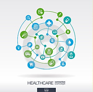 Healthcare connection concept. Abstract background with integrated circles and icons for medical, health, care, medicine