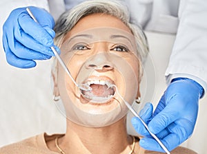 Healthcare, consulting and teeth with woman at dentist for oral hygiene, cleaning and medical. Exam, dental checkup and