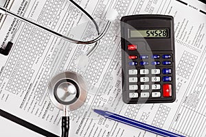 Healthcare costing. Medical phonendoscope, calculator