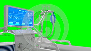 ICU medical ventilator with bed renders isolated on green, healthcare 3d illustration