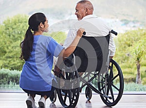 Healthcare, disability and man in wheelchair with nurse on retirement or nursing home patio. Senior care, happy disabled