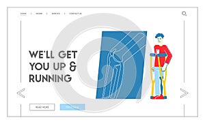 Healthcare Disability, Medicine Therapy Landing Page Template. Invalid Handicapped Man Character Stand on Crutches