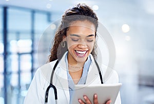 Healthcare, doctor or good news for woman with tablet for research, medical info or results as specialist. Female person