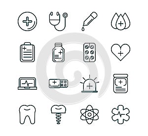 Healthcare equipment medical icons set line fill