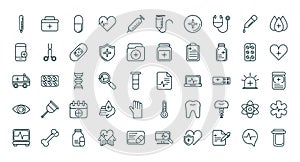 Healthcare equipment medical icons set line fill