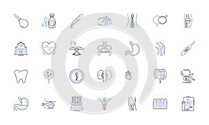 Healthcare facility line icons collection. Hospital, Clinic, Medical center, Urgent care, Rehabilitation, Nursing home