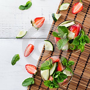 Cucumber strawberry mint fresh infused water detox drink cocktail lemonade