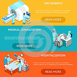 Healthcare flat 3d isometric banners. MRI medical research, consultation and hospitalization