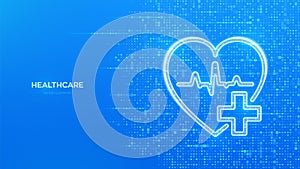 Healthcare. Health insurance. Heart with cross and heartbeat icon. Health Care and Medical services banner. Blue medical