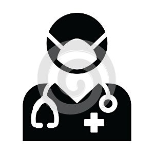 Healthcare icon vector doctor with face mask male person profile avatar symbol with stethoscope for medical consultation in Glyph