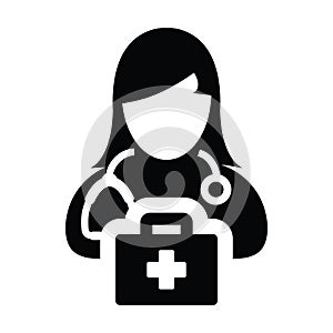 Healthcare icon vector female doctor person profie avatar with Stethoscope and first aid kit bag for Medical Consultation
