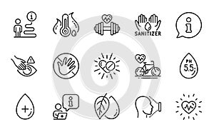 Healthcare icons set. Included icon as Heartbeat, Do not touch, Dumbbell. Vector