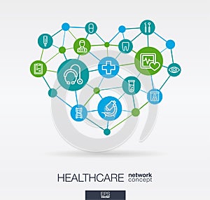 Healthcare, integrated thin line icons in heart shape. Digital neural network concept