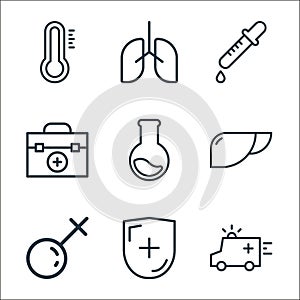 healthcare line icons. linear set. quality vector line set such as ambulance, protection, female, liver, tube, first aid kit,