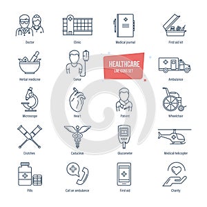 Healthcare line icons set. Healthcare system and medical diagnostic equipment.