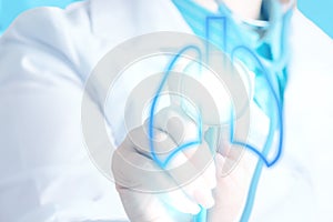 Healthcare lungs icon, medicine and medical safety concept, doctor with stethoscope on blue background