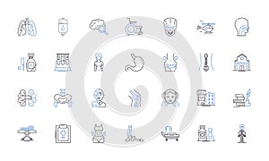 Healthcare management line icons collection. Accessibility, Accountability, Administration, Admissions, Assessment