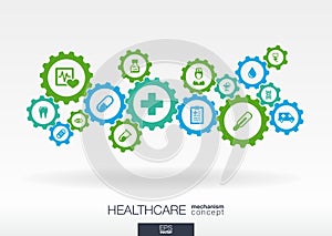 Healthcare mechanism concept. Abstract background with connected gears and icons for medical, health, care, medicine