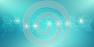 Healthcare and medical background with flat icons and symbols. Science, medicine and innovation technology concept.