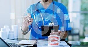 Healthcare and Medical business vitual graph data doctor analyzing medical report network connection on digital tablet and photo