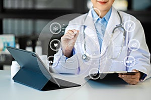 Healthcare and Medical business vitual graph data doctor analyzing medical report network connection on digital tablet and