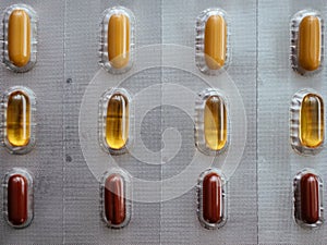 Healthcare and medical. Close-up. Vitamin, mineral, nutritional supplement for health and beauty concept. Vitamins pills