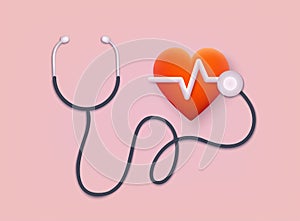 Healthcare medical horizontal poster with stethoscope and heart with beat monitor pulse line. 3D Web Vector Illustrations