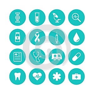 Healthcare and medical icons set. Vector illustration icons health, cross, dna, tablet. Collection modern icons infographic and