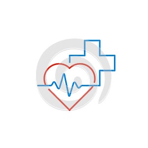 Healthcare and medical logo and icon concept, heart and cross, pulse line