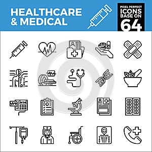 Healthcare and medical pixel perfect icons