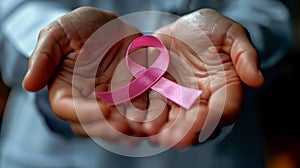 Healthcare, medicine and breast cancer awareness concept - close up of doctor hands holding pink ribbon