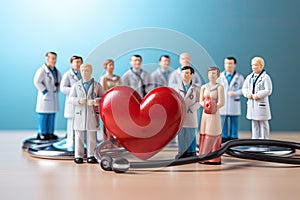 Healthcare and medicine concept. Group of doctors with stethoscope and red heart, Doctor team with medical stethoscope, top